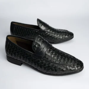 Woven Leather Penny Loafers – Black